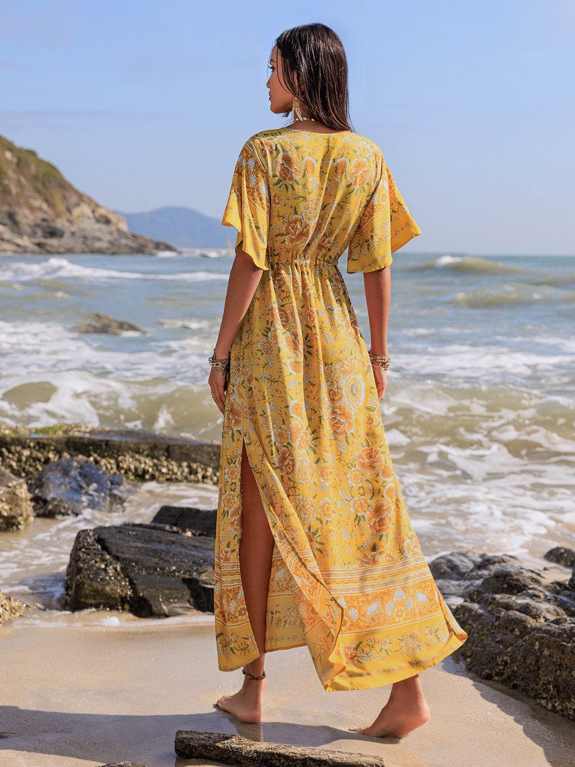 Drawstring Printed Plunge Half Sleeve Dress - Delanoir
