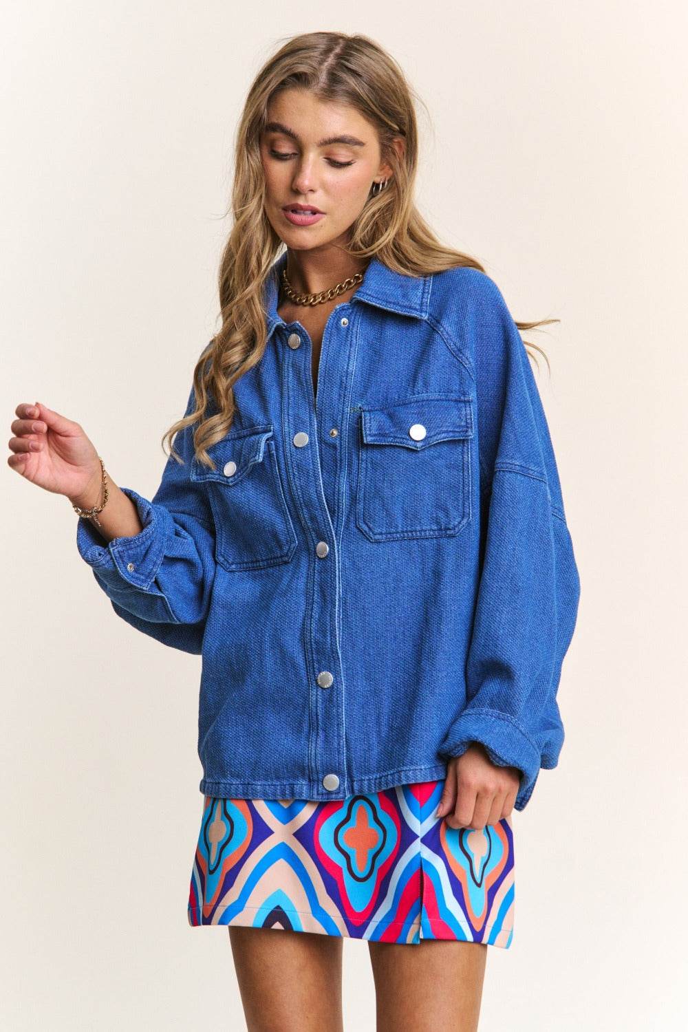 J.NNA Snap Down Long Sleeve Denim Shacket - Delanoir