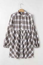 Full Size Plaid Collared Neck Balloon Sleeve Mini Shirt Dress - Delanoir
