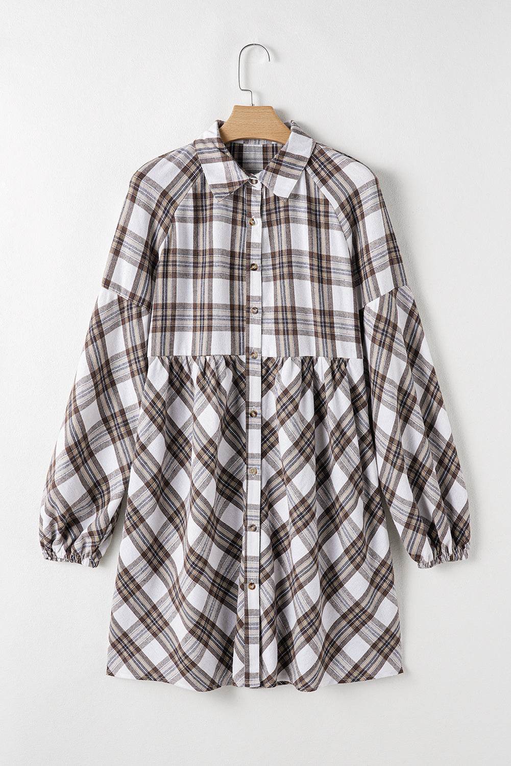 Full Size Plaid Collared Neck Balloon Sleeve Mini Shirt Dress - Delanoir