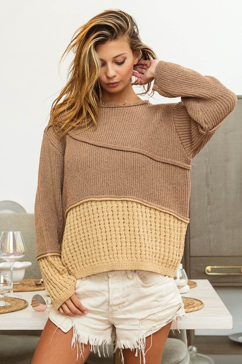 BiBi Texture Detail Contrast Drop Shoulder Sweater - Delanoir