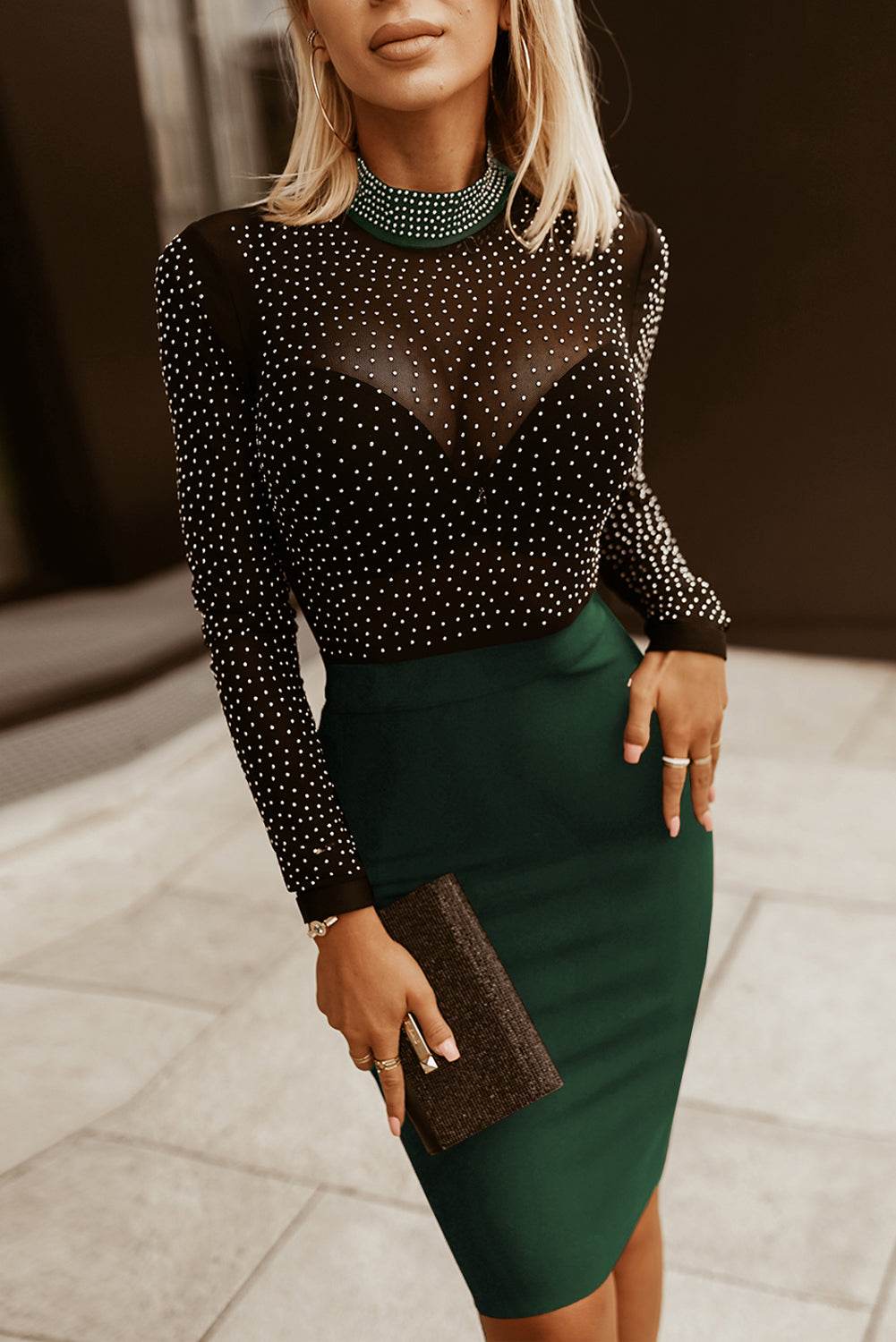 Rhinestone Mock Neck Long Sleeve Dress - Delanoir