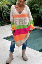 Color Block V-Neck Long Sleeve Sweater Dress - Delanoir