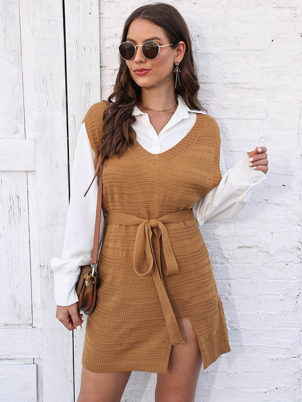 Tie Front V-Neck Sleeveless Slit Sweater Dress - Delanoir