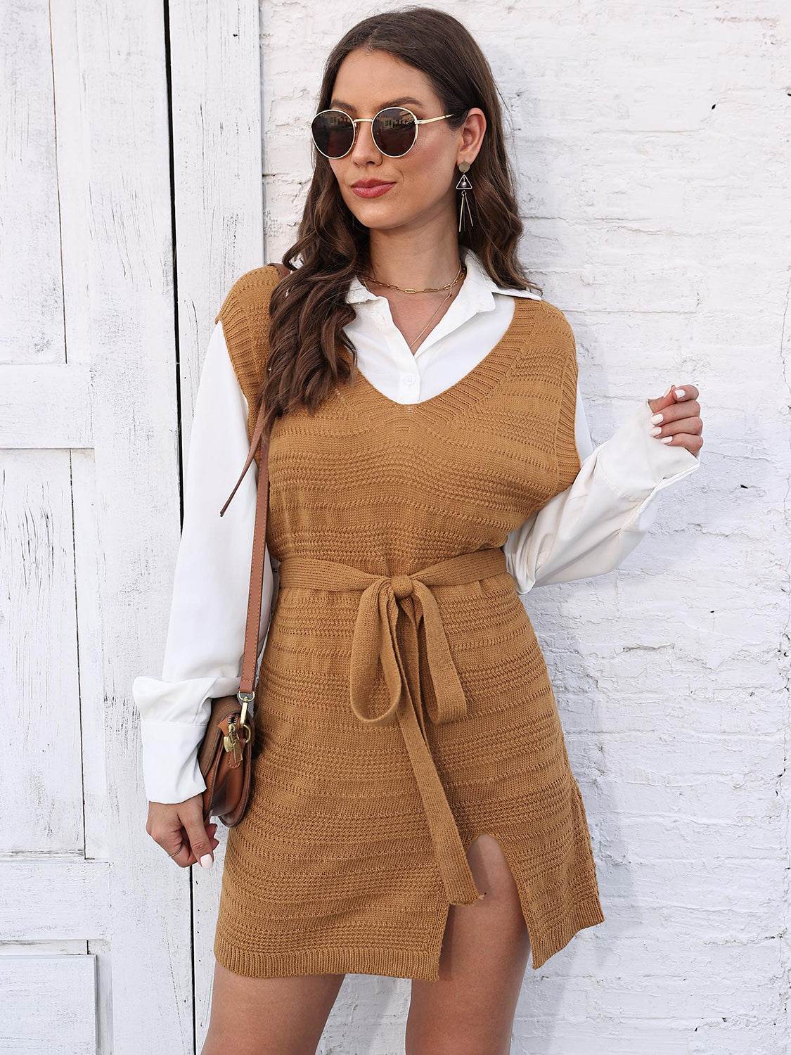 Tie Front V-Neck Sleeveless Slit Sweater Dress - Delanoir