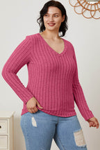 Basic Bae Full Size Ribbed V-Neck Long Sleeve T-Shirt - Delanoir