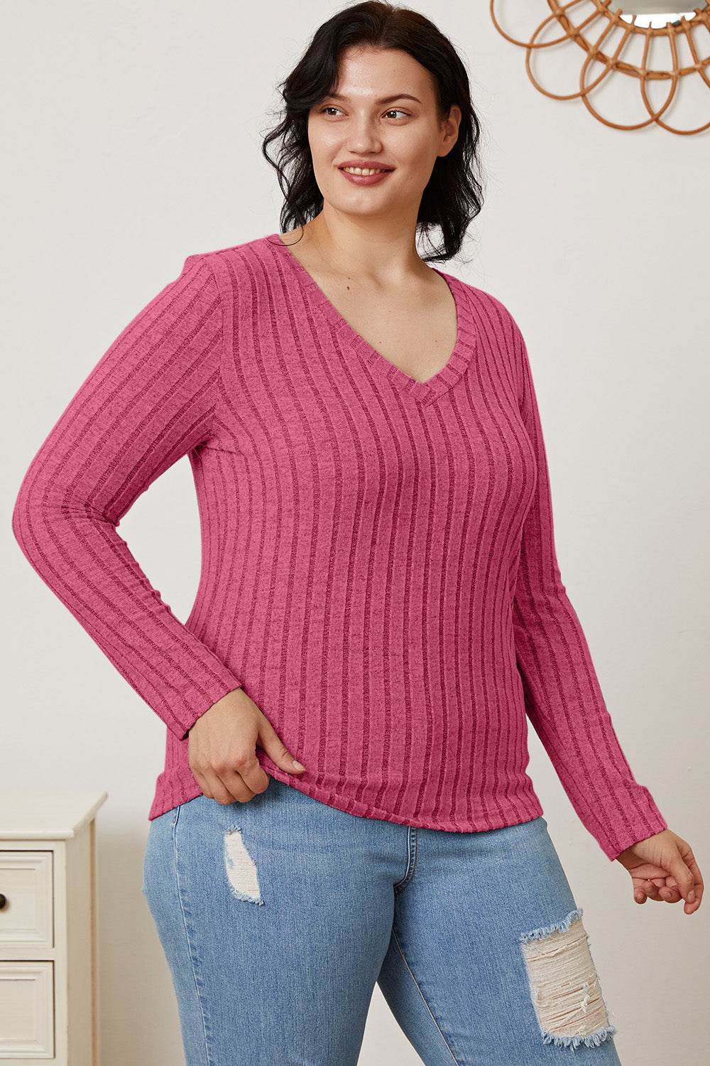 Basic Bae Full Size Ribbed V-Neck Long Sleeve T-Shirt - Delanoir