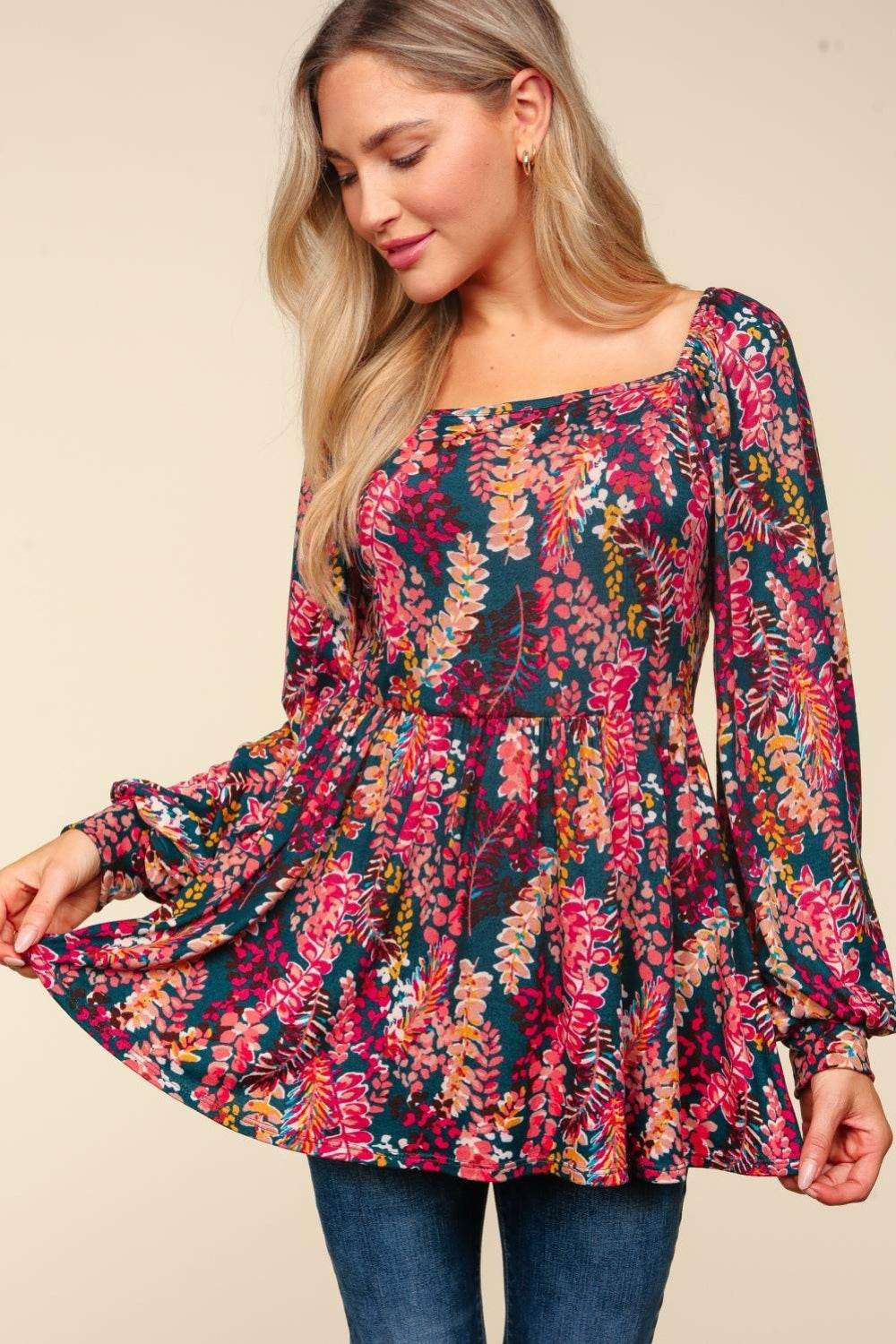 Haptics Full Size Peplum Floral Square Neck Blouse - Delanoir