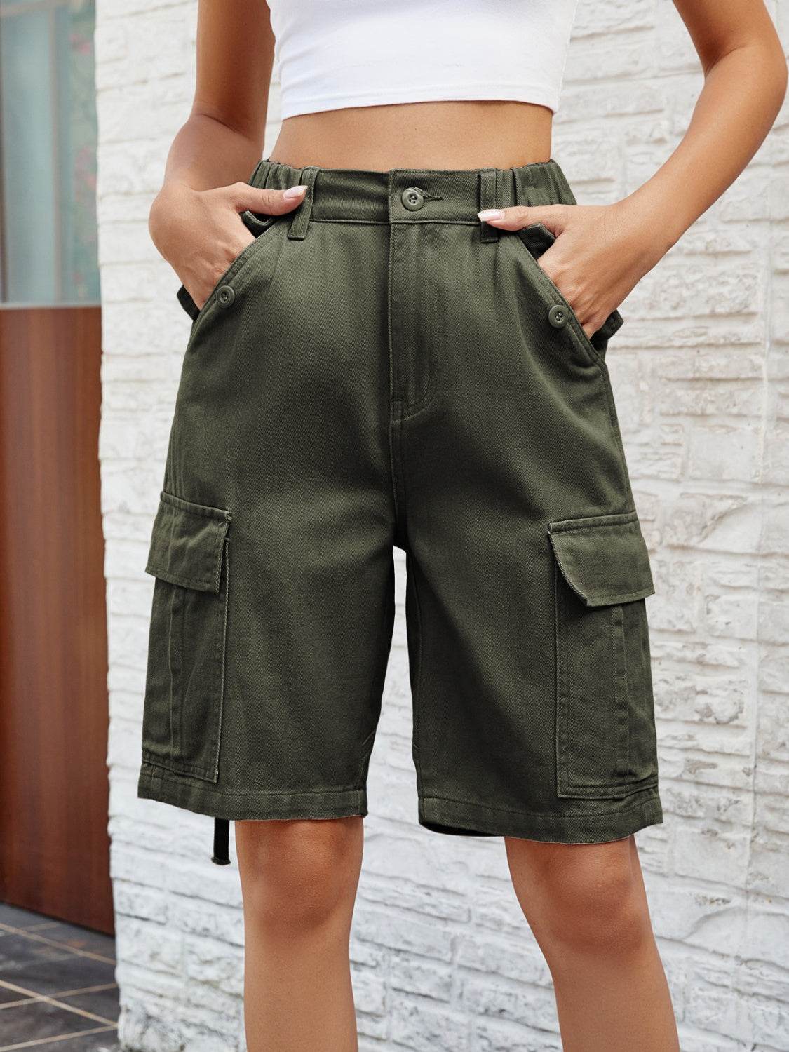 High Waist Denim Shorts with Pockets - Delanoir