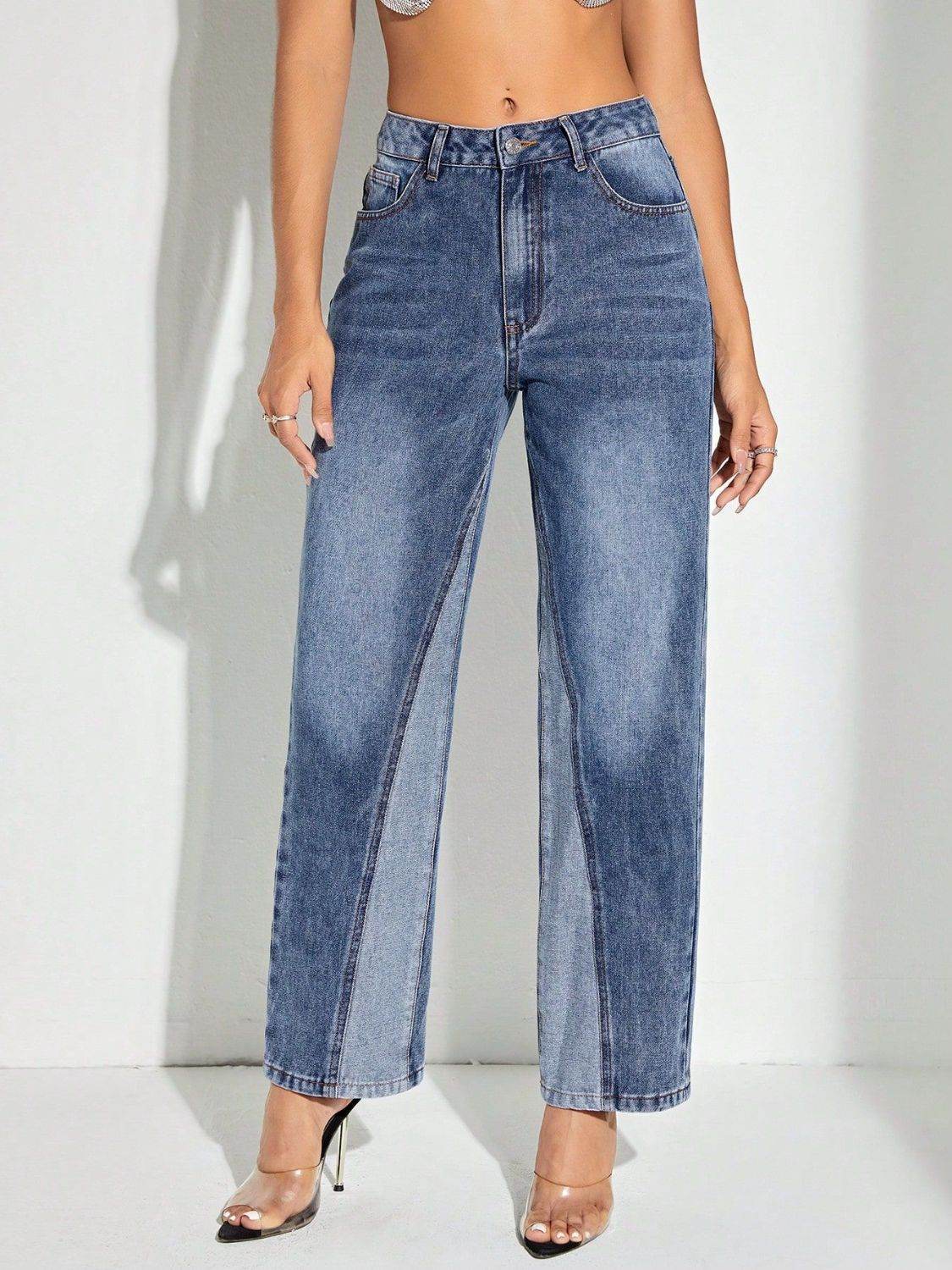 Contrast Patchwork Straight Jeans with Pockets - Delanoir