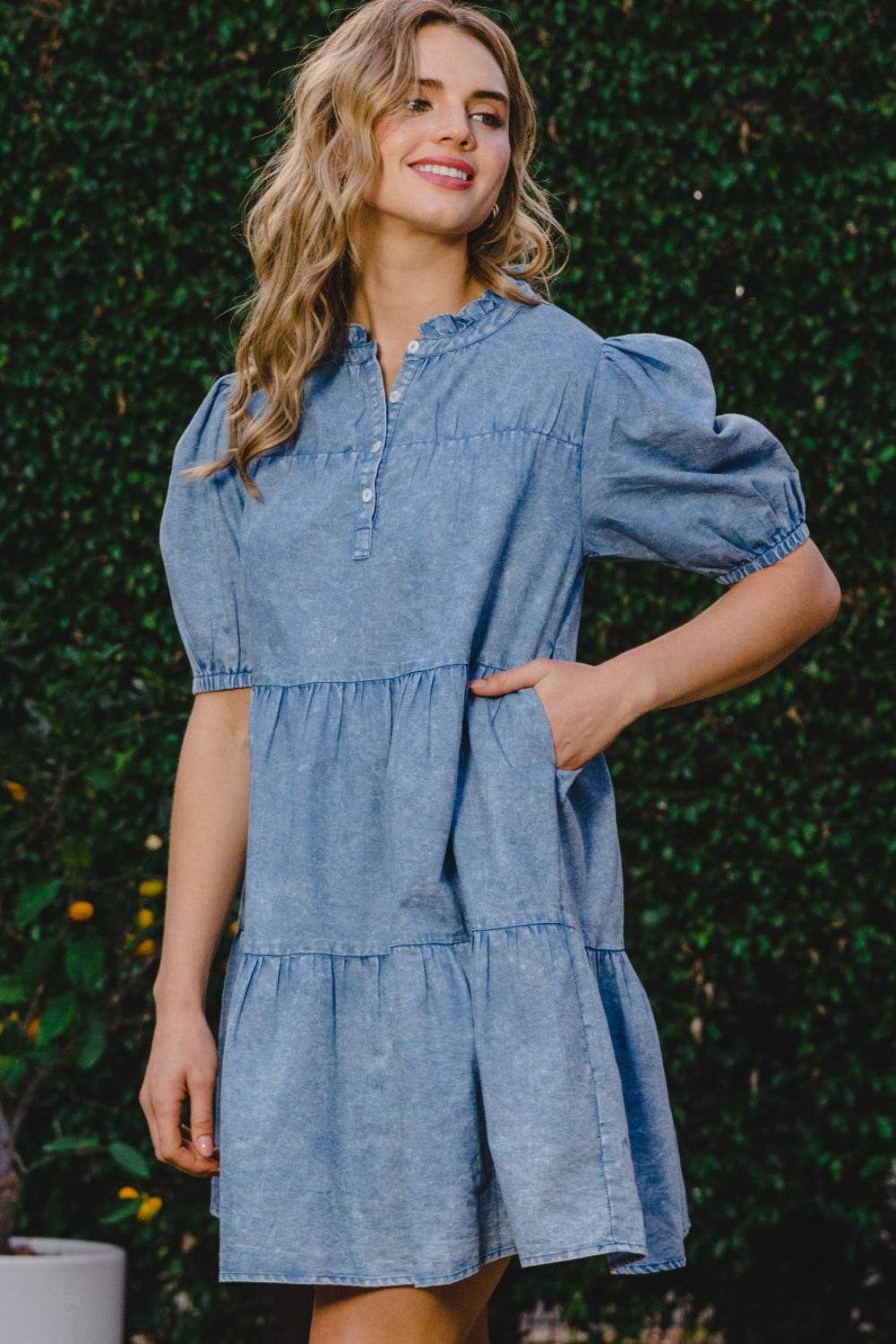 ODDI Washed Tiered Mini Denim Dress - Delanoir