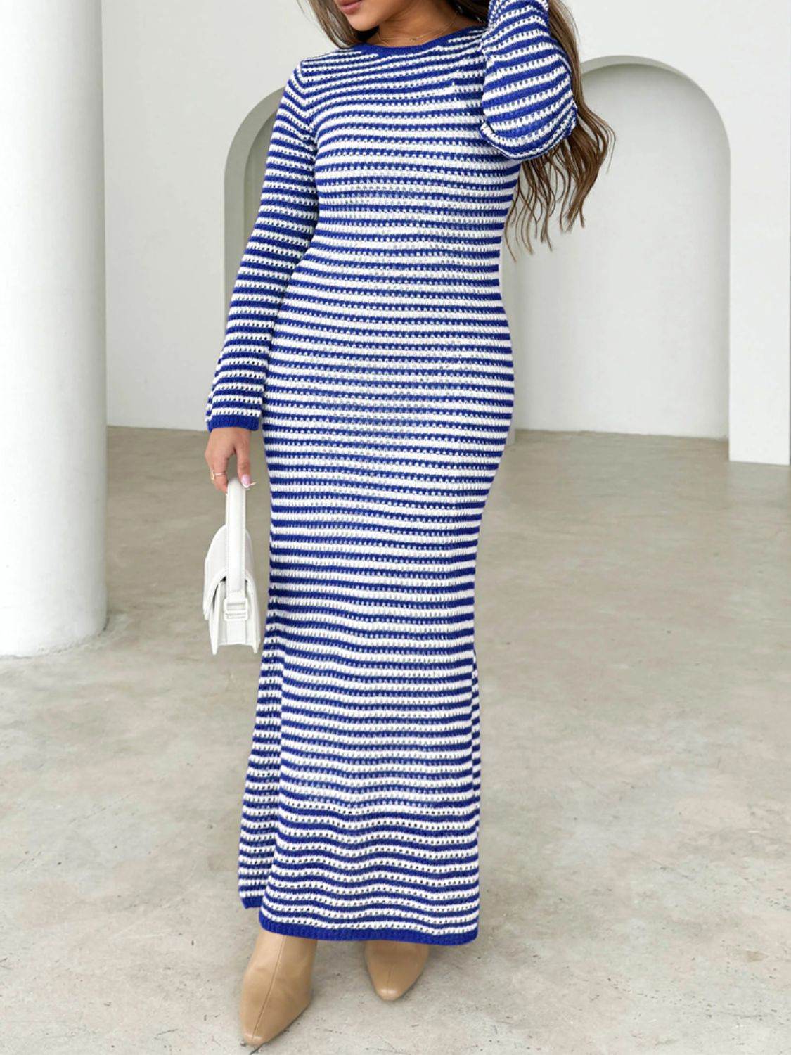 Devine Tied Round Neck Striped Sweater Dress - Delanoir