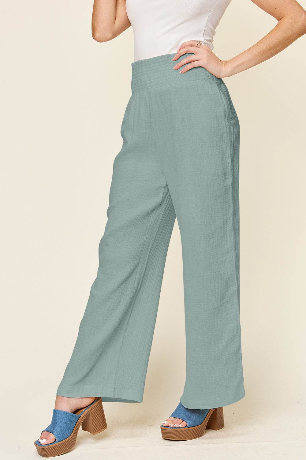 Double Take Full Size Texture Smocked Waist Wide Leg Pants - Delanoir