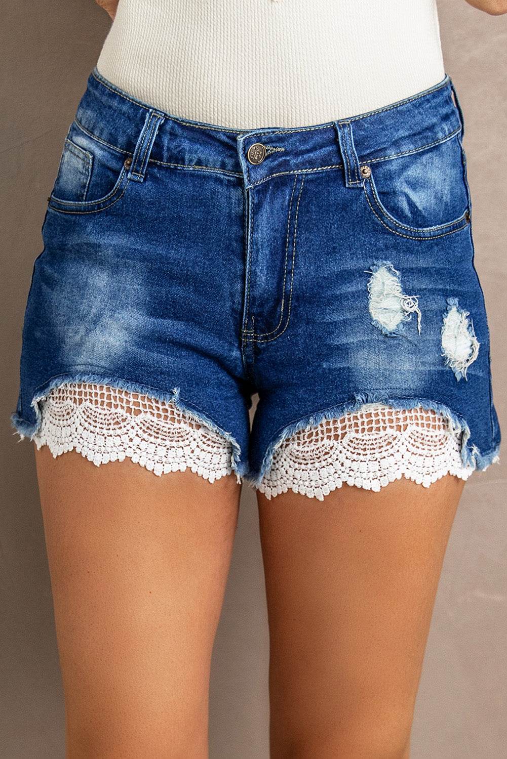 Spliced Lace Distressed Denim Shorts - Delanoir