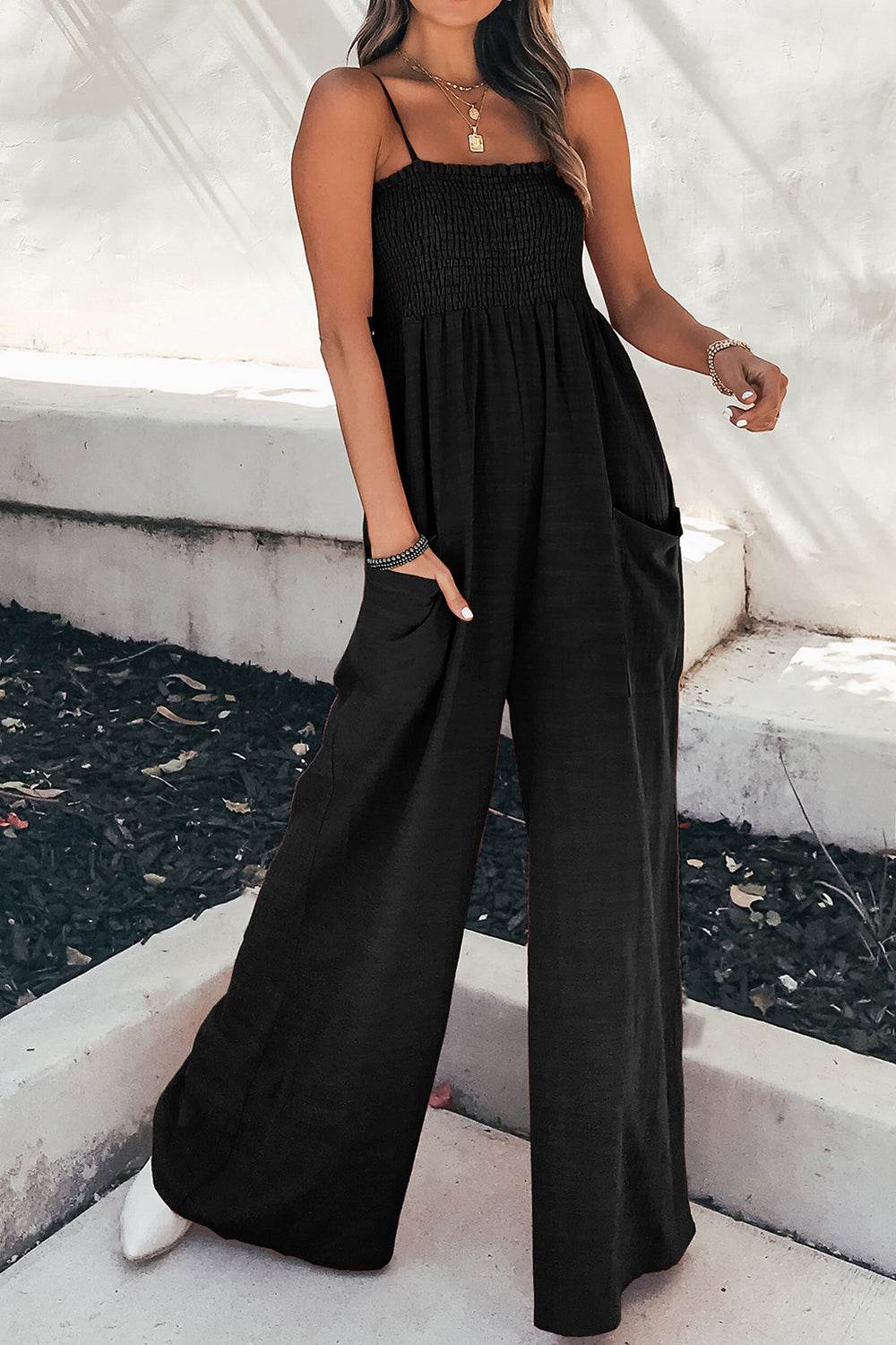 Smocked Spaghetti Strap Wide Leg Jumpsuit - Delanoir