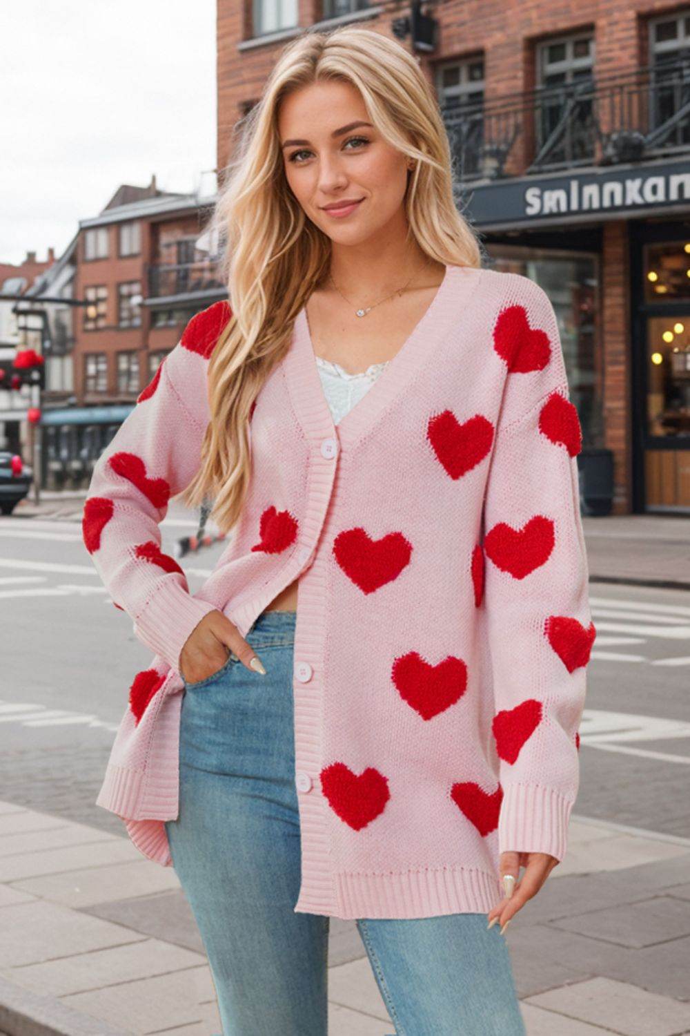 Heart Button Down Long Sleeve Cardigan - Delanoir