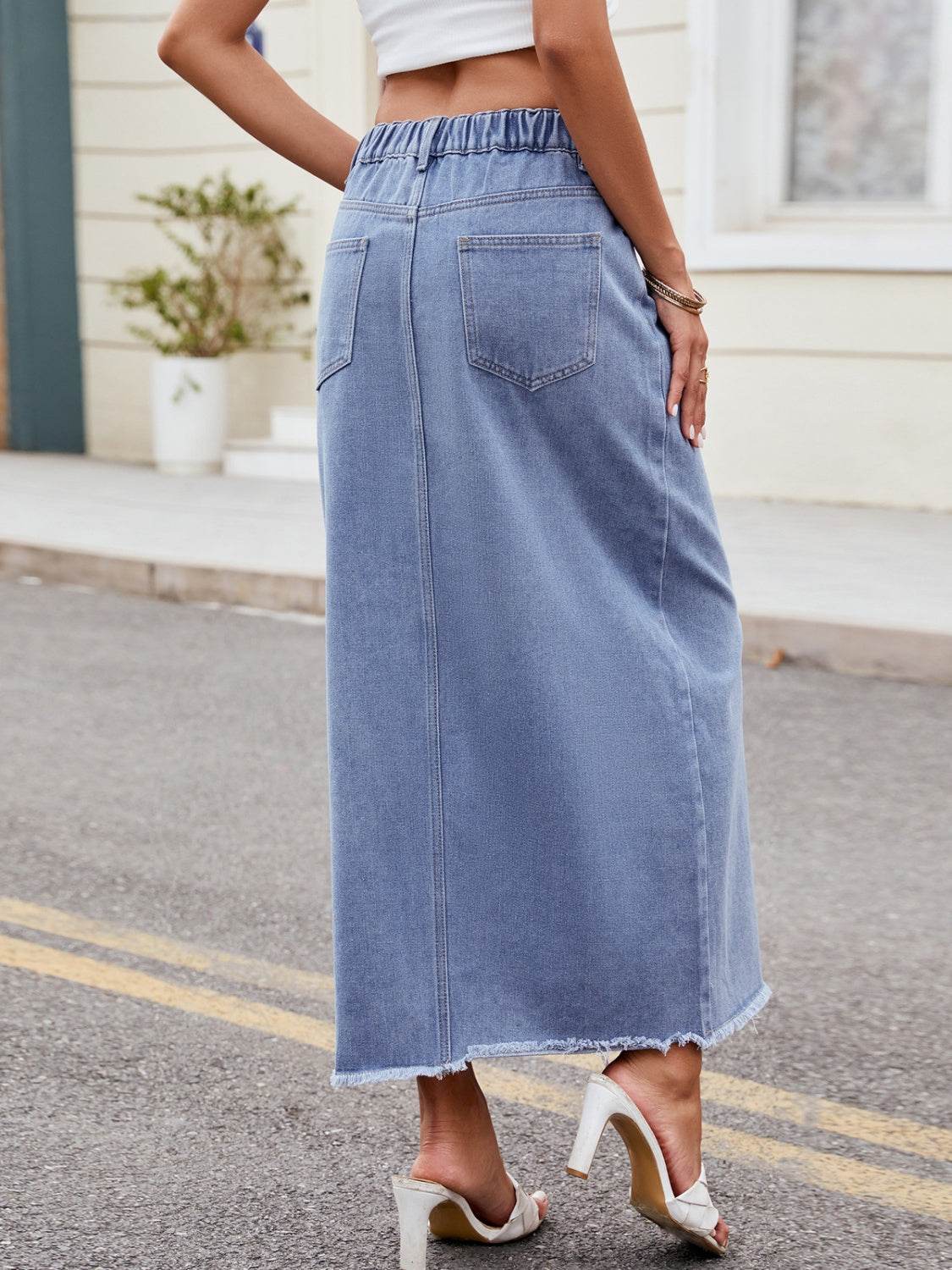 Slit Asymmetrical Waist Denim Skirt - Delanoir