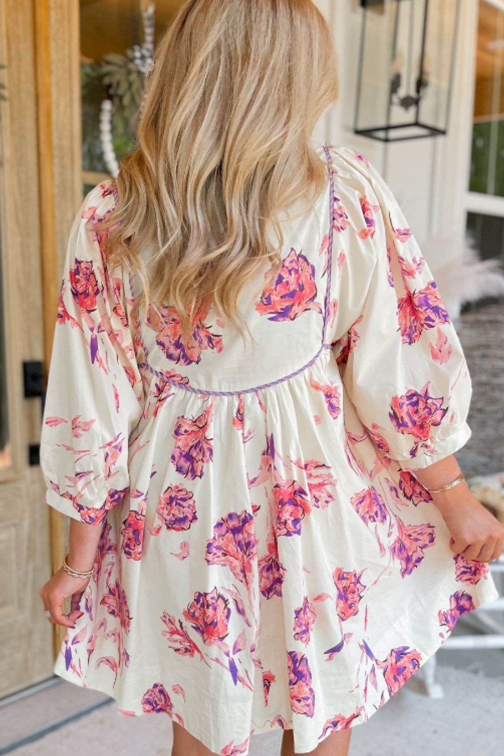 Tied Flower Printed Three-Quarter Sleeve Dress - Delanoir
