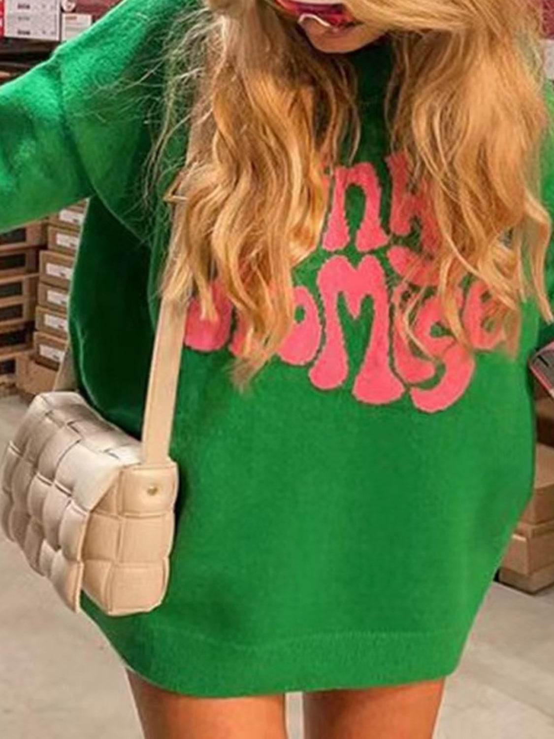 PINKY PROMISE Round Neck Drop Shoulder Sweater - Delanoir