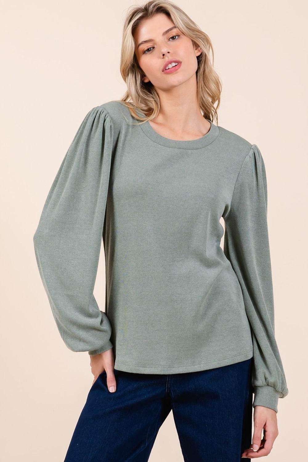 Mittoshop Round Neck Long Sleeve Rib Knit Top - Delanoir