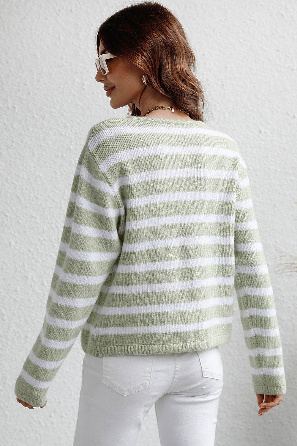 Striped Button Down Long Sleeve Cardigan - Delanoir