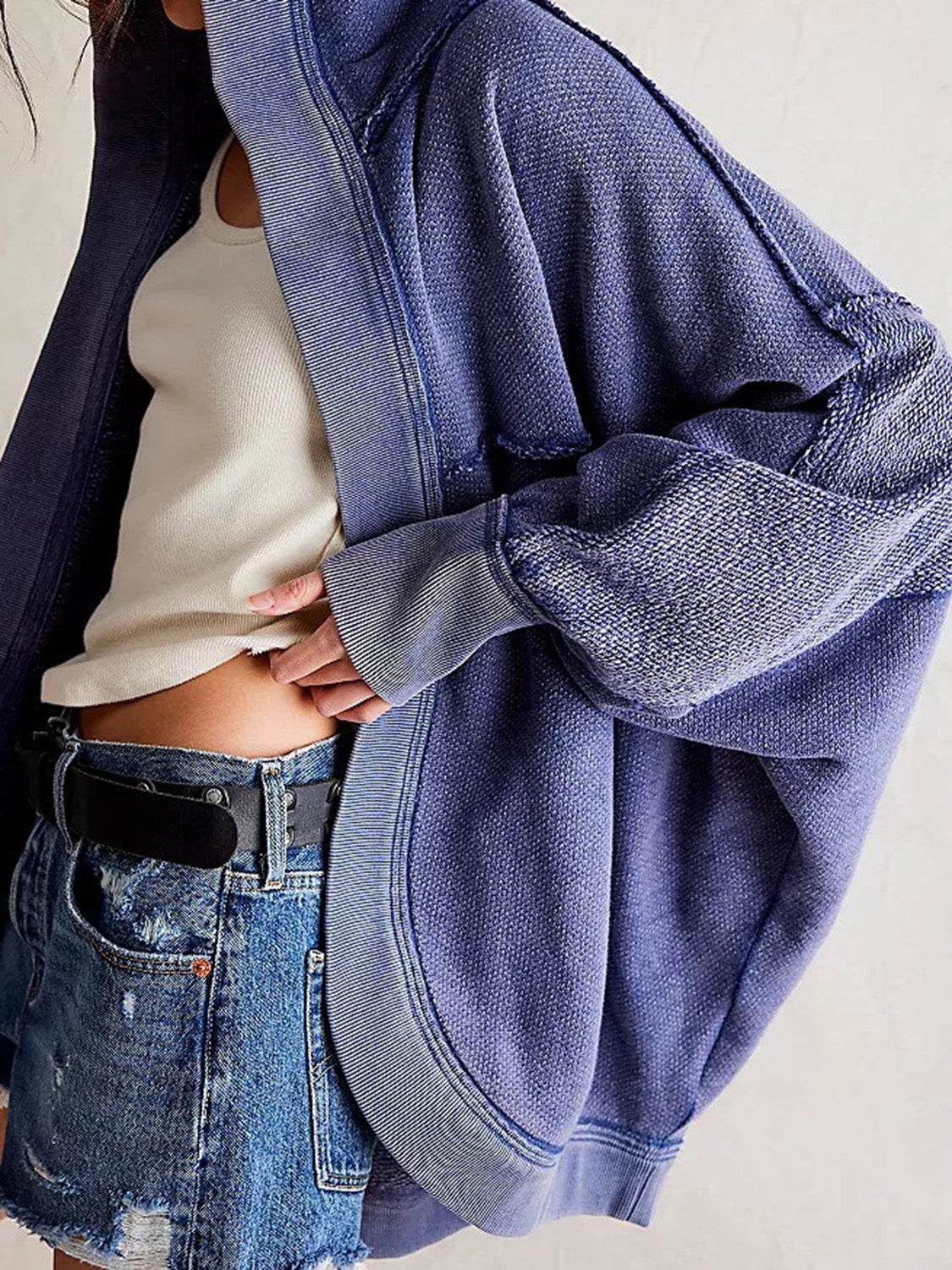Exposed Seam Open Front Batwing Sleeve Hooded Cardigan - Delanoir