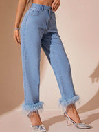 Plush Hem High Rise Straight Jeans - Delanoir
