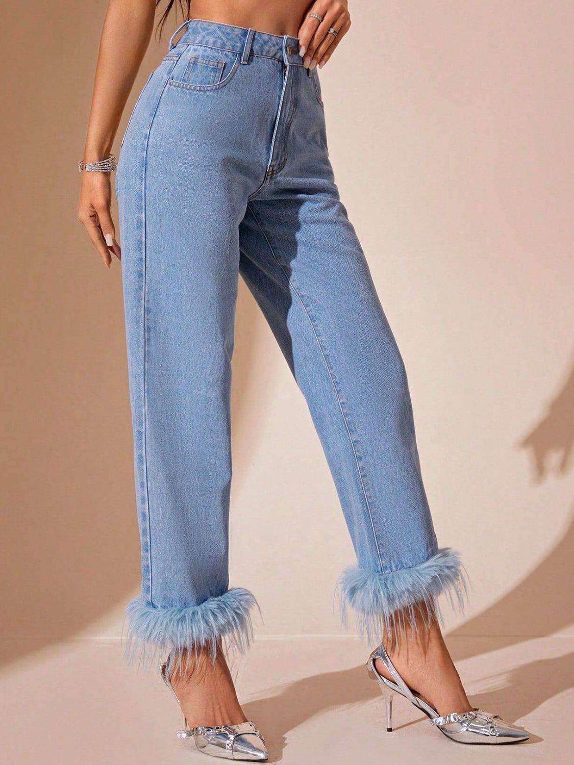 Plush Hem High Rise Straight Jeans - Delanoir