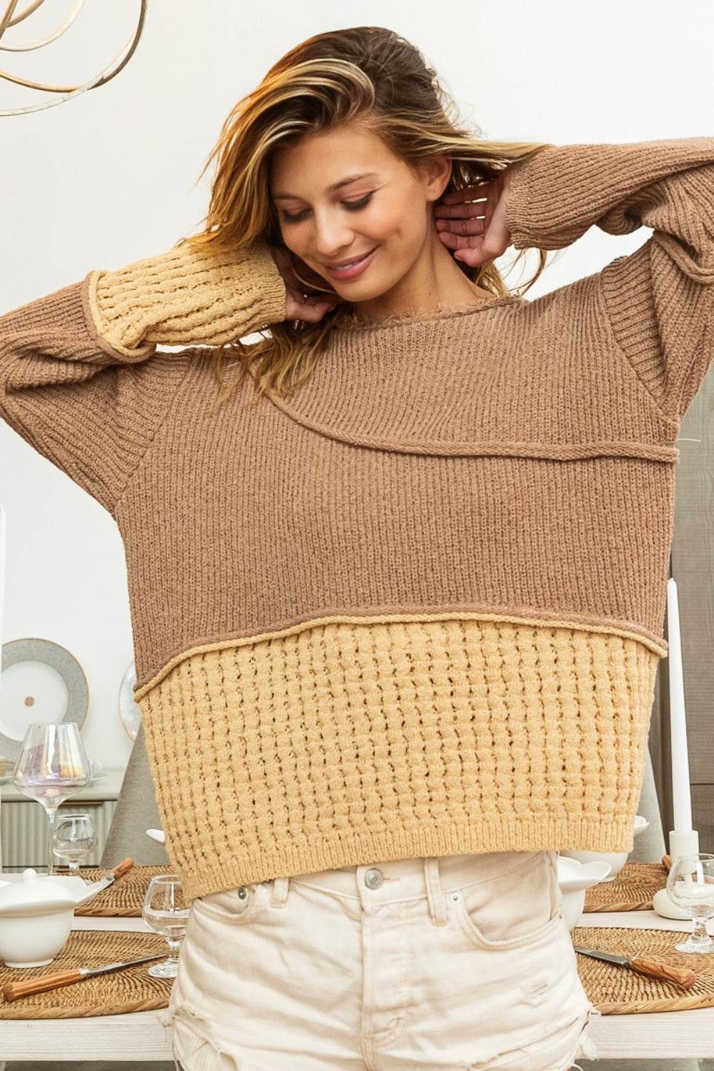 BiBi Texture Detail Contrast Drop Shoulder Sweater - Delanoir