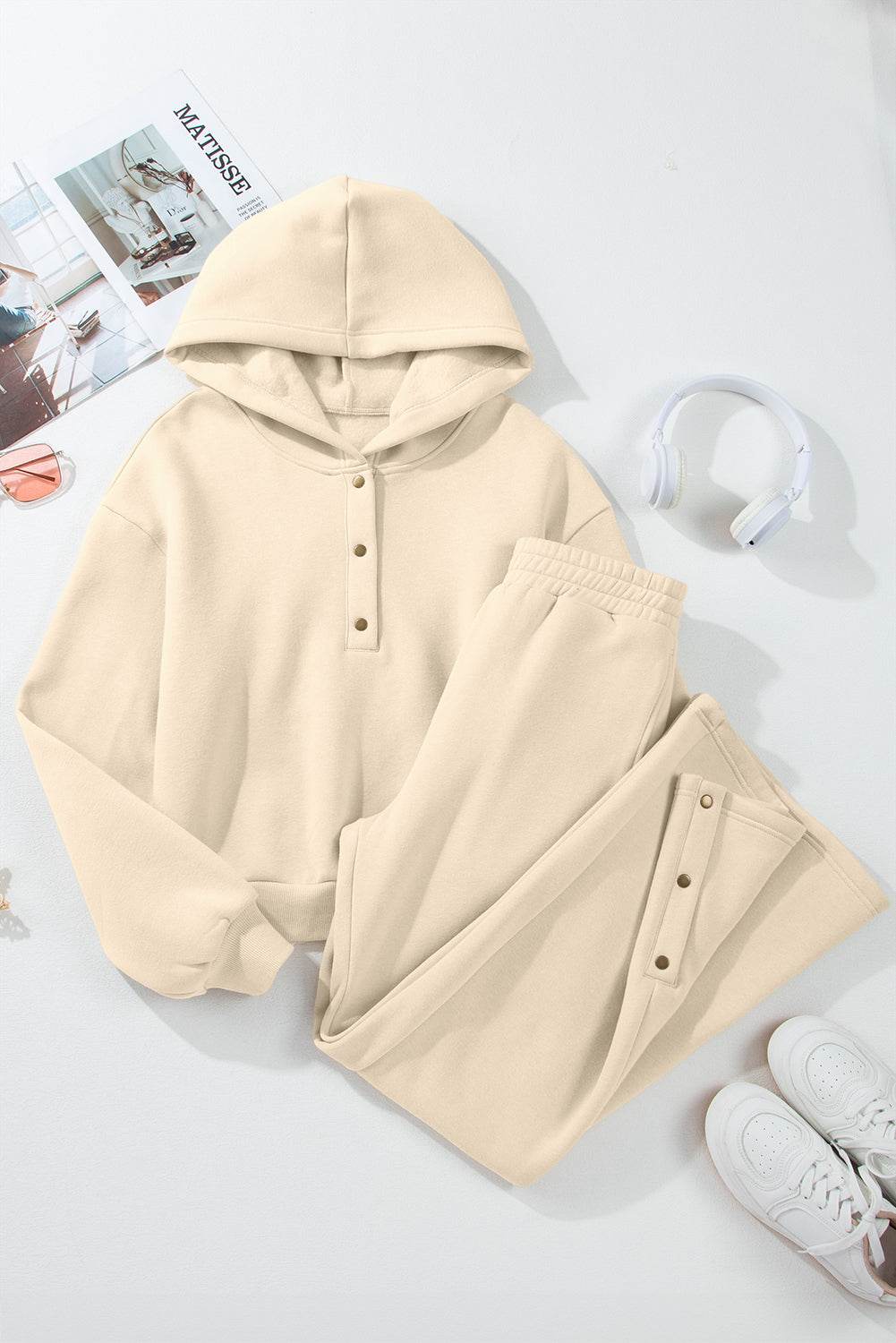 Half Snap Long Sleeve Hooded Top and Pants Set - Delanoir