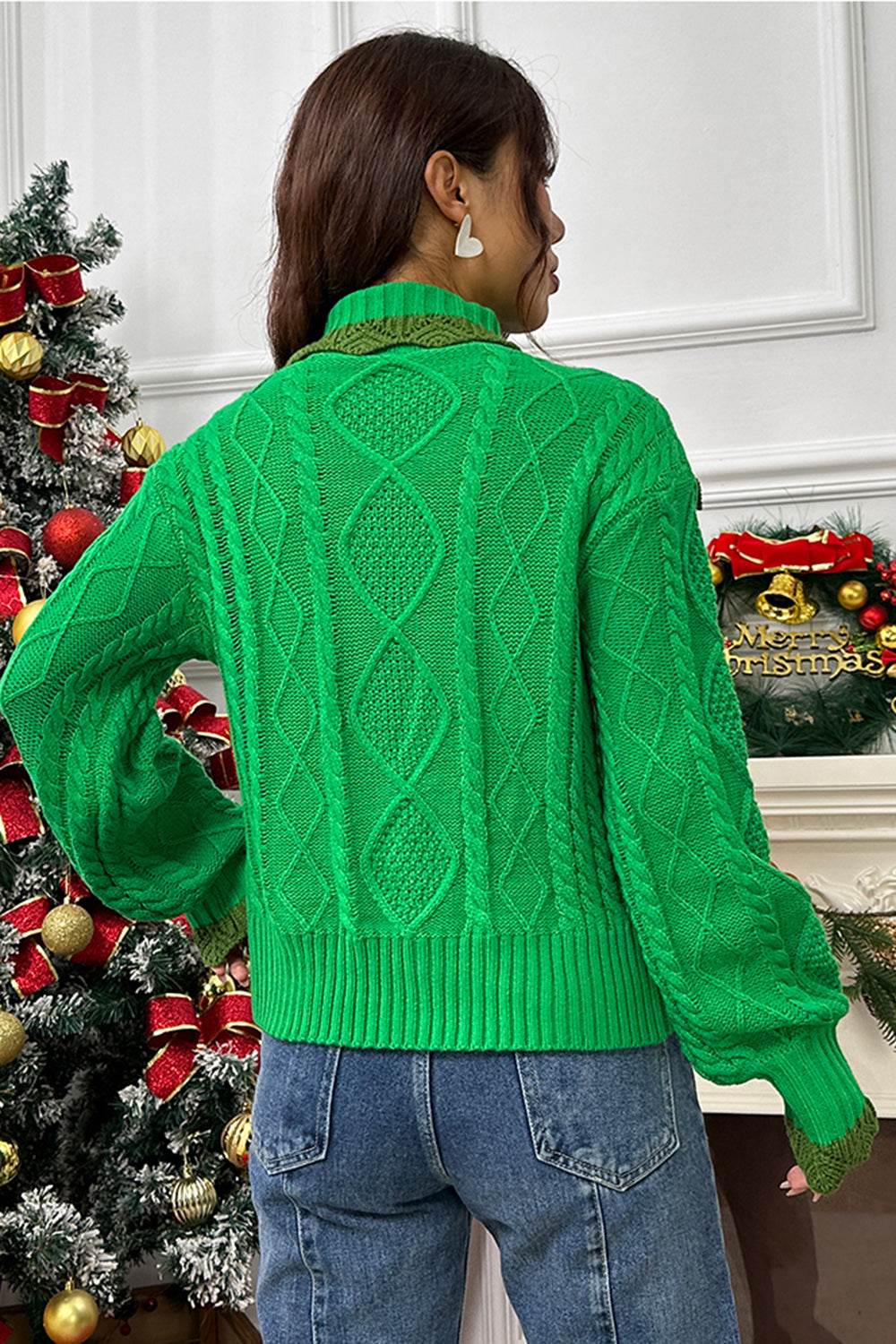 Cable-Knit Ruffled Mock Neck Lantern Sleeve Sweater - Delanoir
