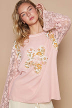 POL Flower Patch Lace Sleeve Knit Top - Delanoir