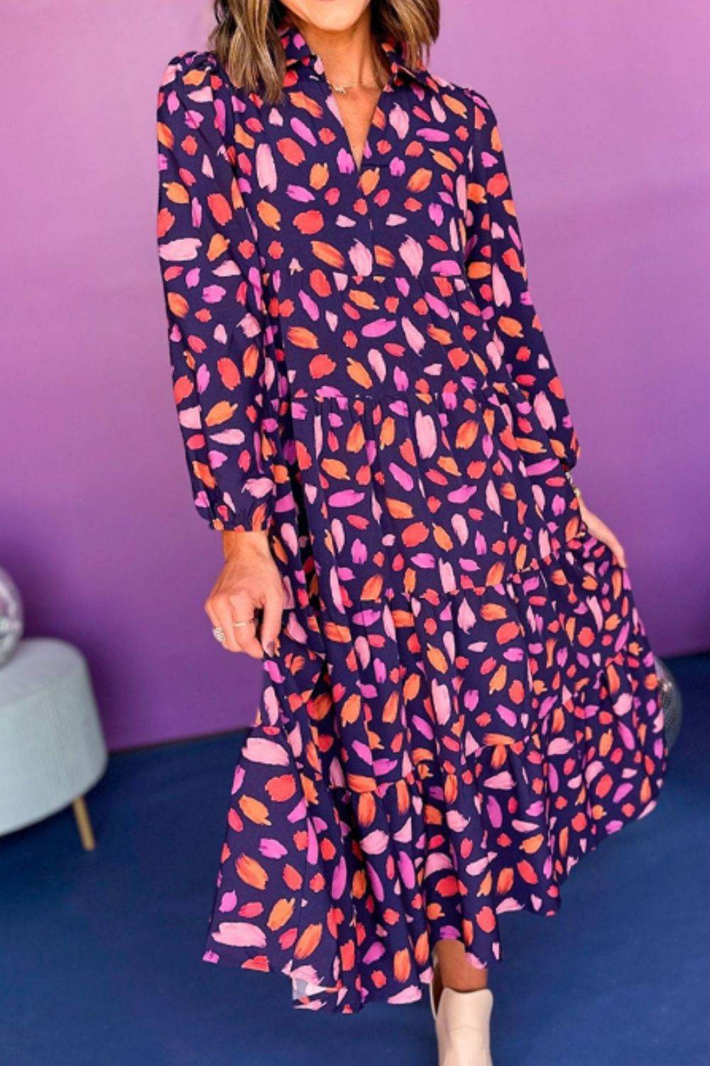 Printed Notched Long Sleeve Dress - Delanoir