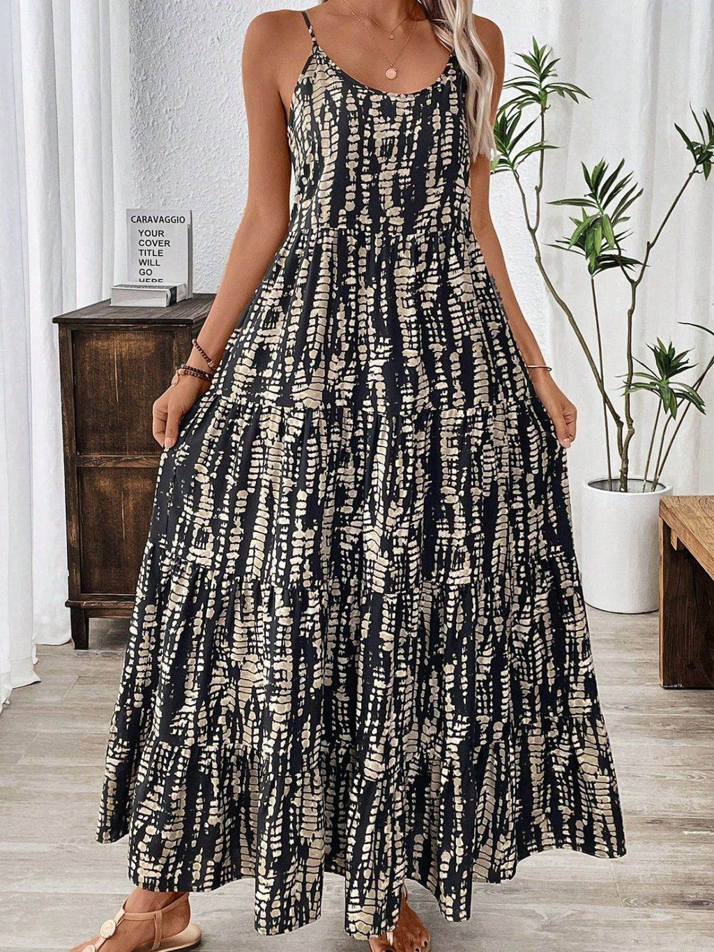 Printed Scoop Neck Maxi Cami Dress - Delanoir