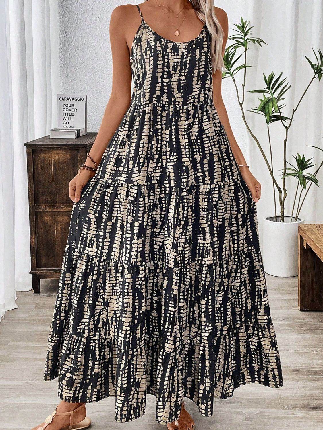 Printed Scoop Neck Maxi Cami Dress - Delanoir