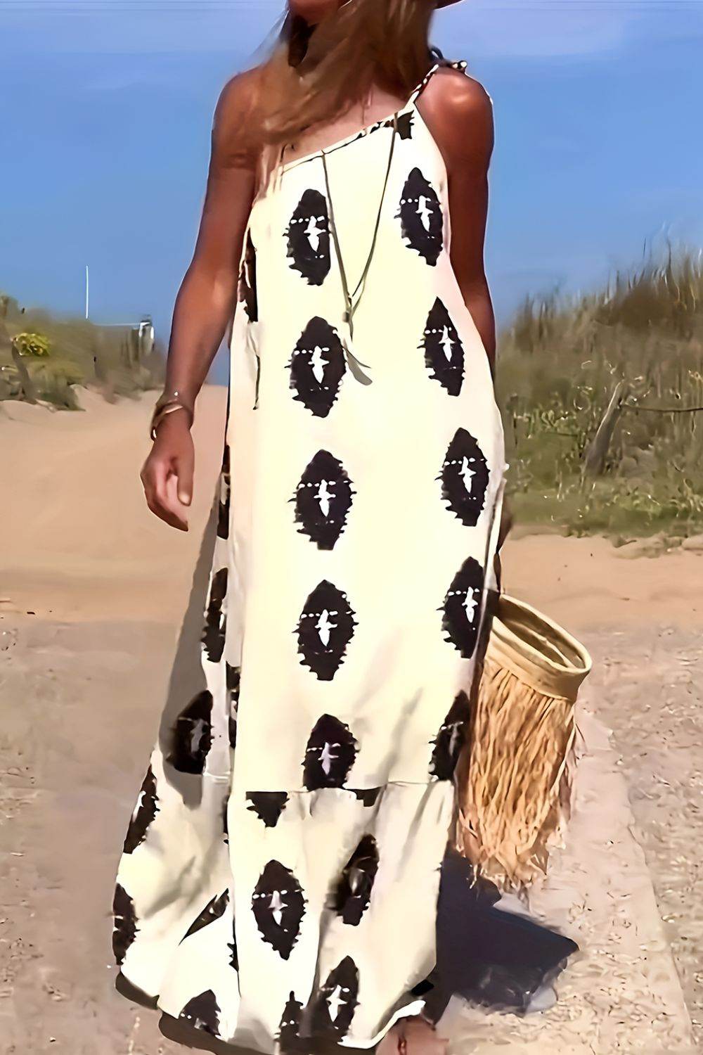 Printed Single Shoulder Maxi Dress - Delanoir