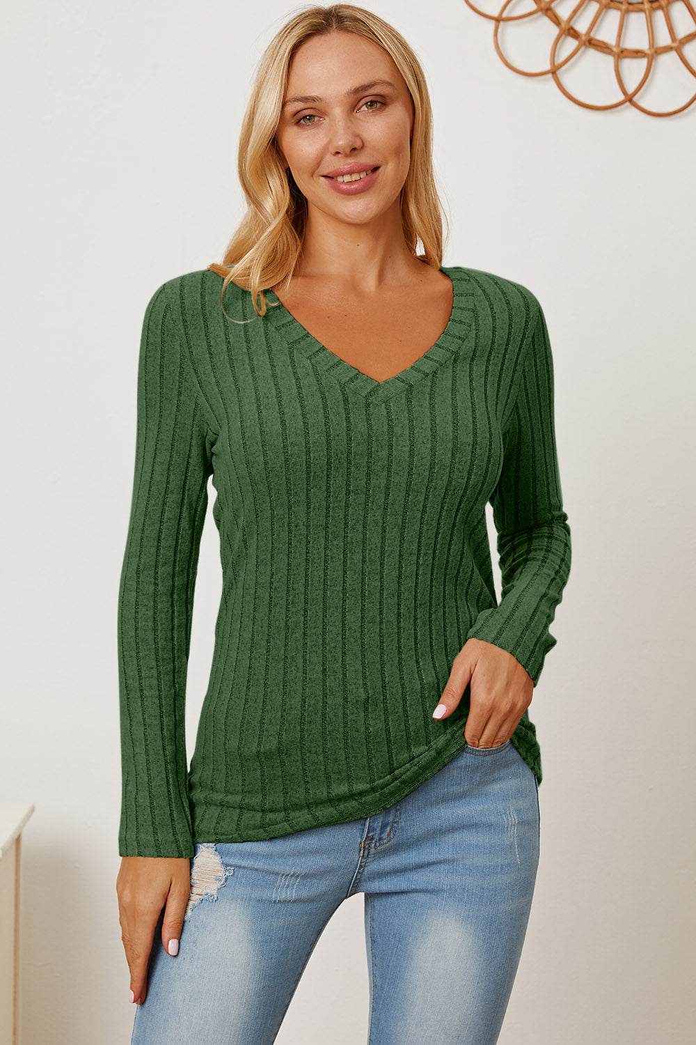 Basic Bae Full Size Ribbed V-Neck Long Sleeve T-Shirt - Delanoir