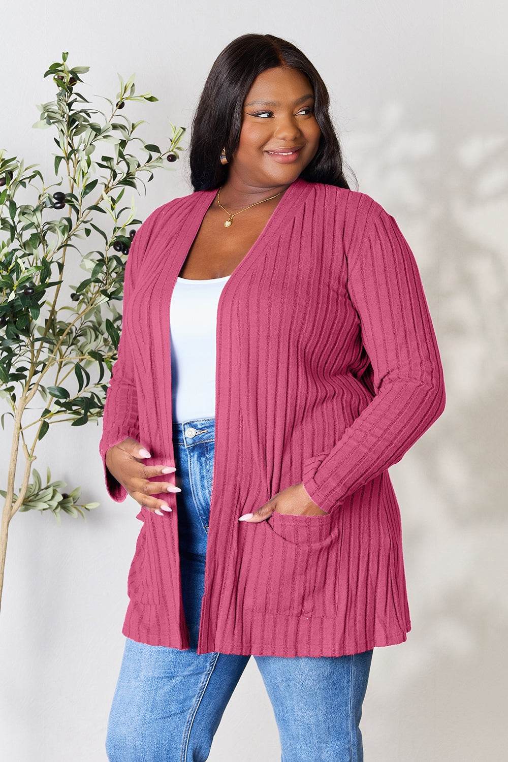 Basic Bae Full Size Ribbed Open Front Cardigan with Pockets - Delanoir