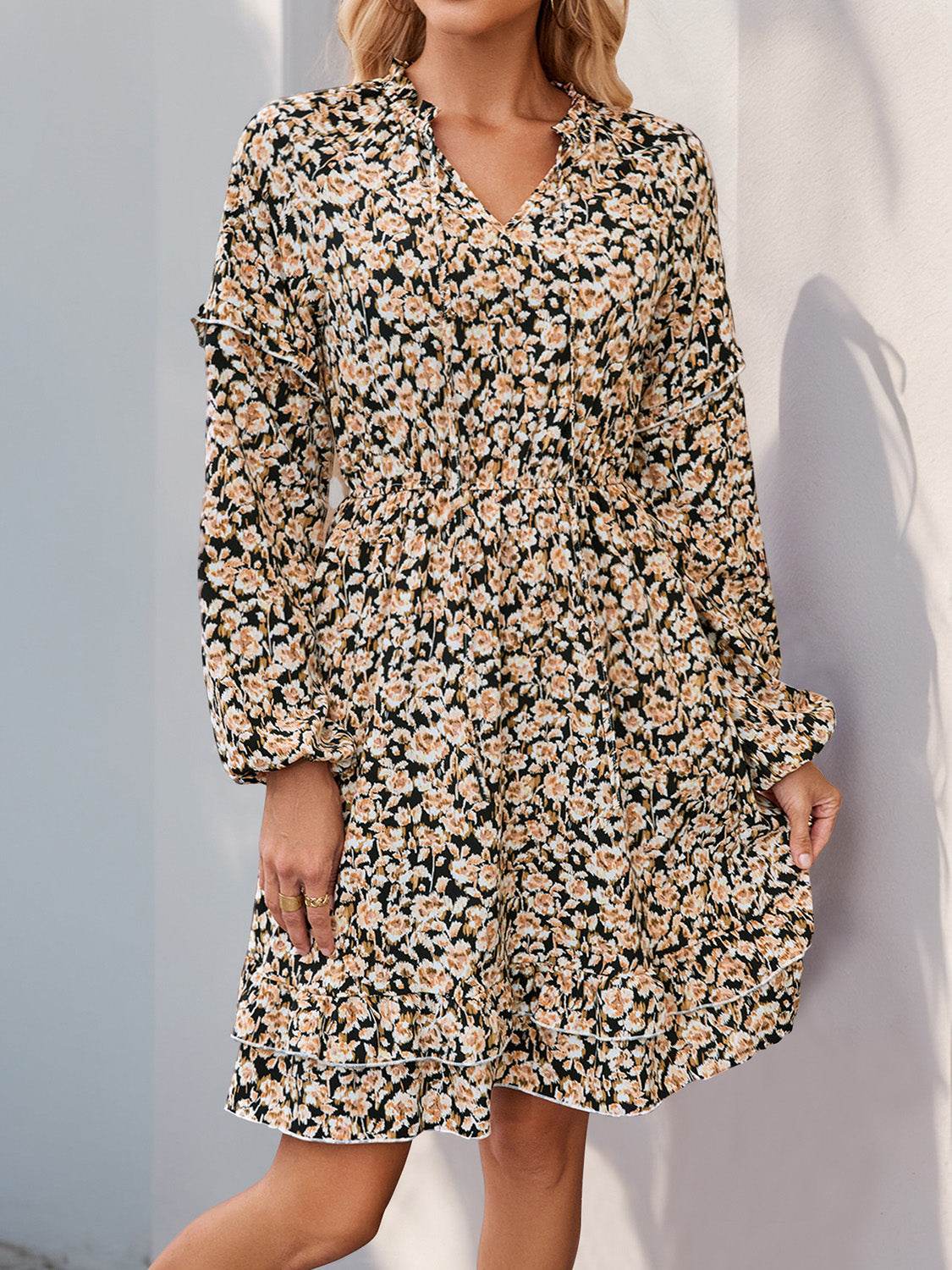 Perfee Printed Tie Neck Long Sleeve Mini Dress - Delanoir