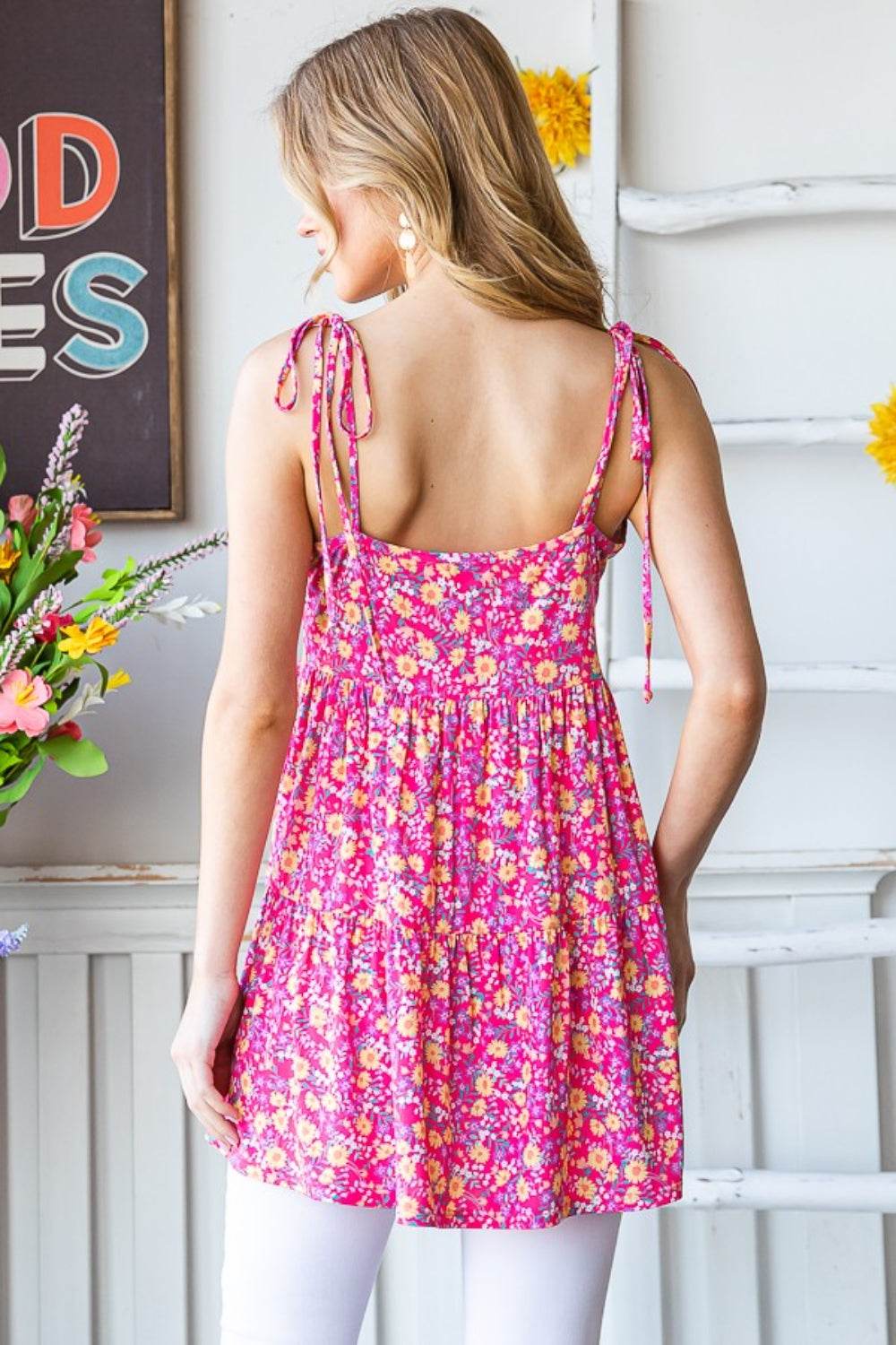 Heimish Full size Floral Tie Shoulder Tiered Cami - Delanoir