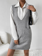 V-Neck Sleeveless Sweater Dress with Pockets - Delanoir
