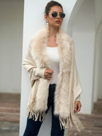 Fringe Open Front Long Sleeve Poncho - Delanoir