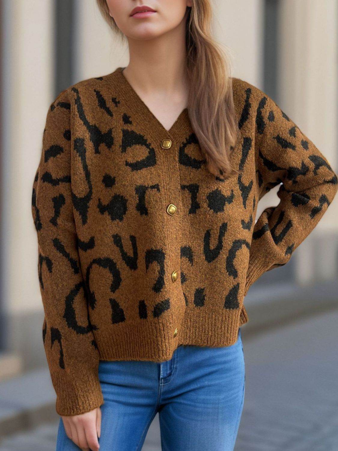 Leopard V-Neck Button Up Cardigan - Delanoir