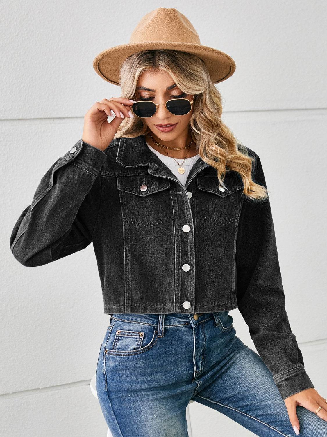 Button Up Long Sleeve Denim Jacket - Delanoir