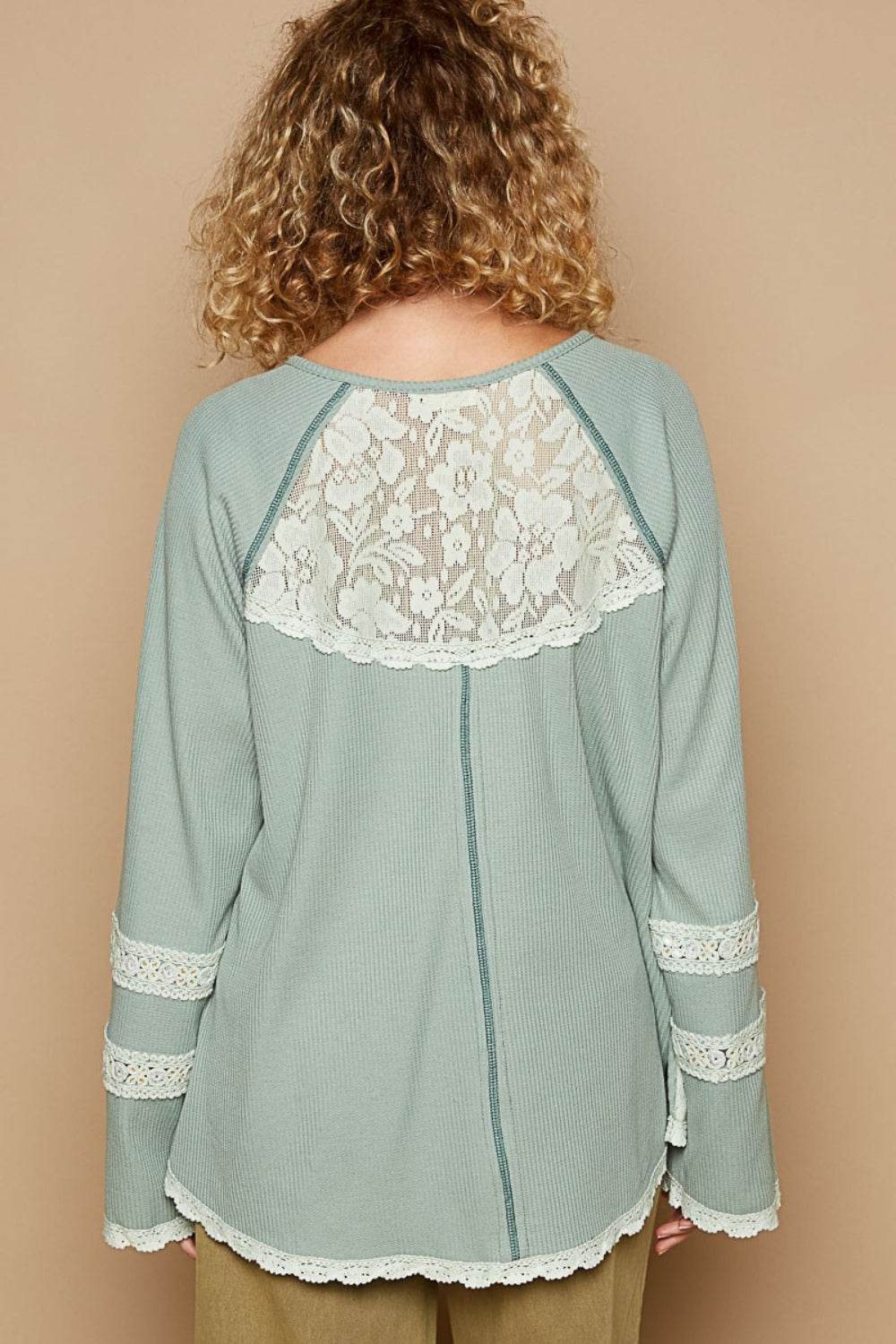 POL Round Neck Long Sleeve Lace Trim Thermal Top - Delanoir