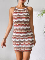 Openwork Striped Spaghetti Strap Knit Dress - Delanoir