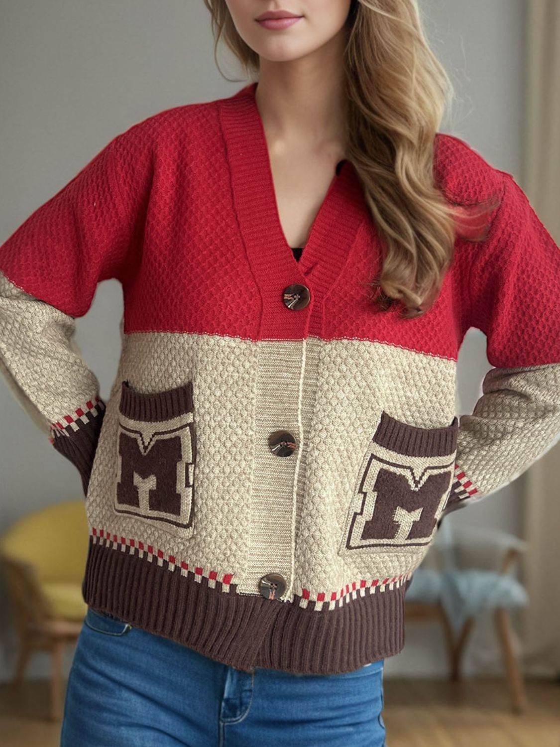 Pocketed Contrast V-Neck Button Up Cardigan - Delanoir