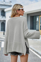 High-Low Slit Round Neck Long Sleeve Sweater - Delanoir
