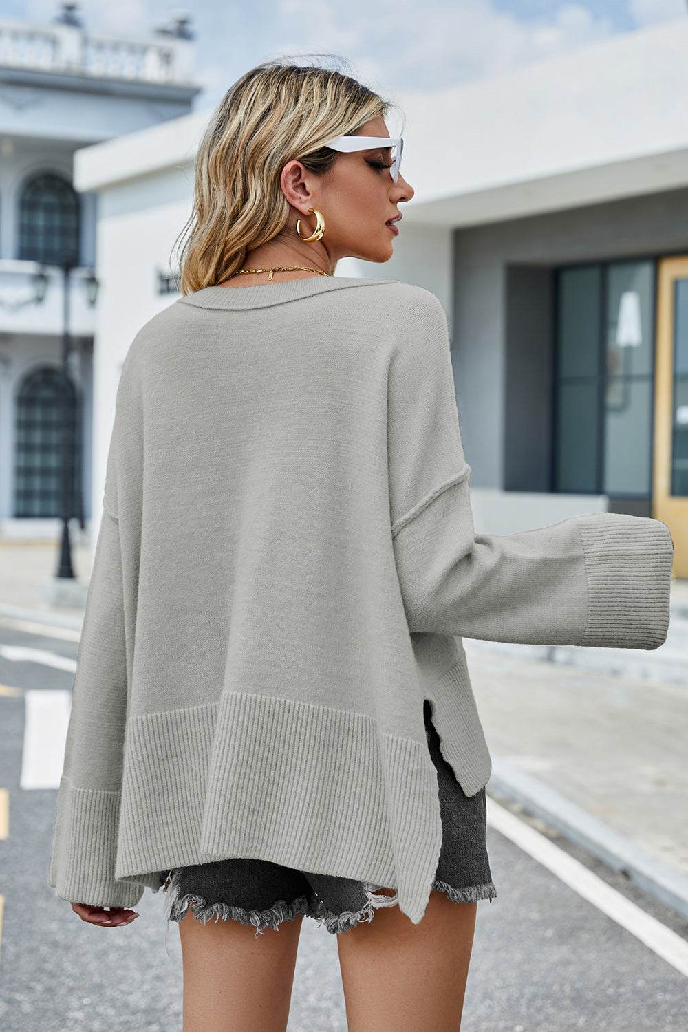 High-Low Slit Round Neck Long Sleeve Sweater - Delanoir