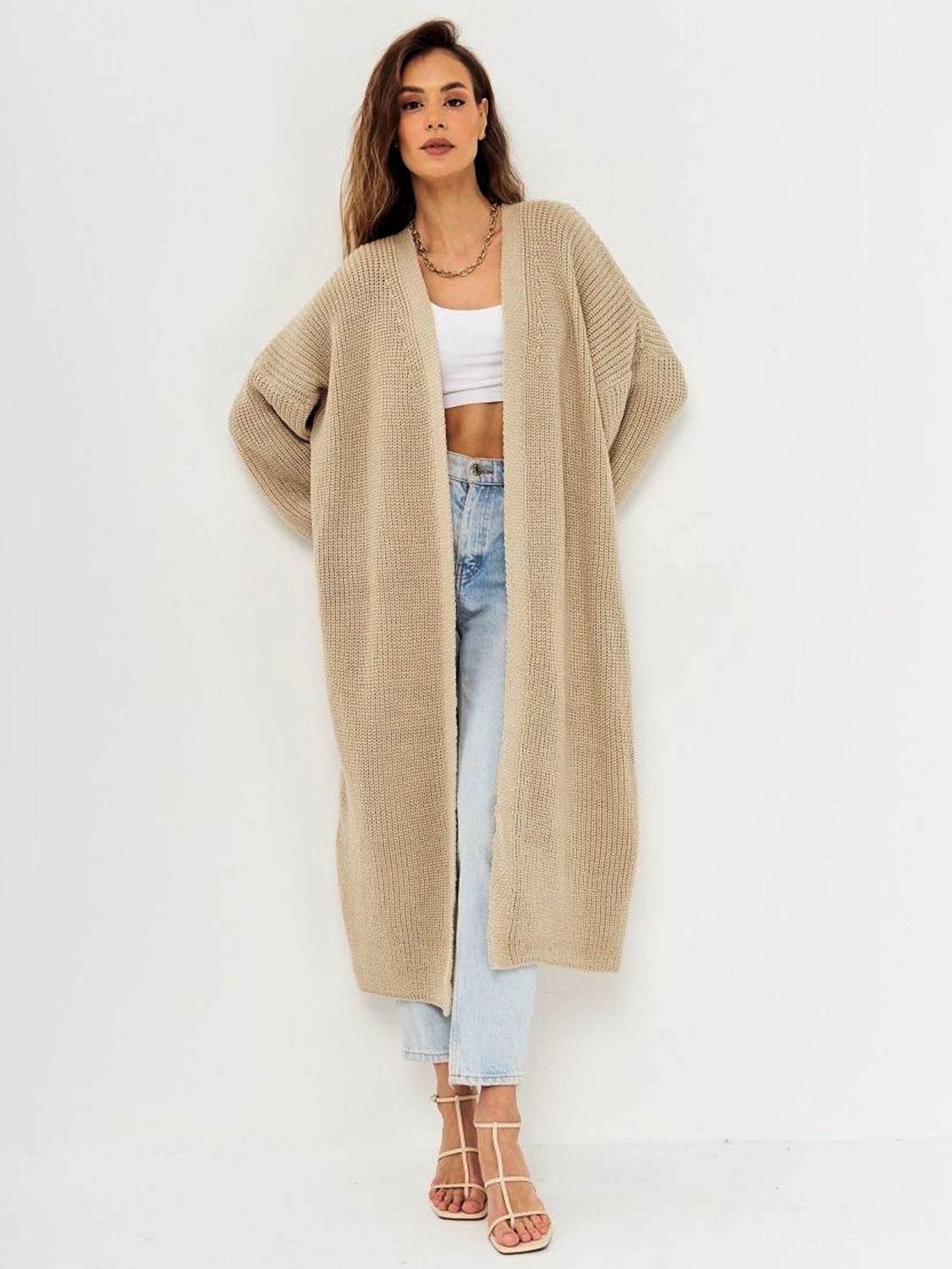 Open Front Long Sleeve Longline Cardigan - Delanoir